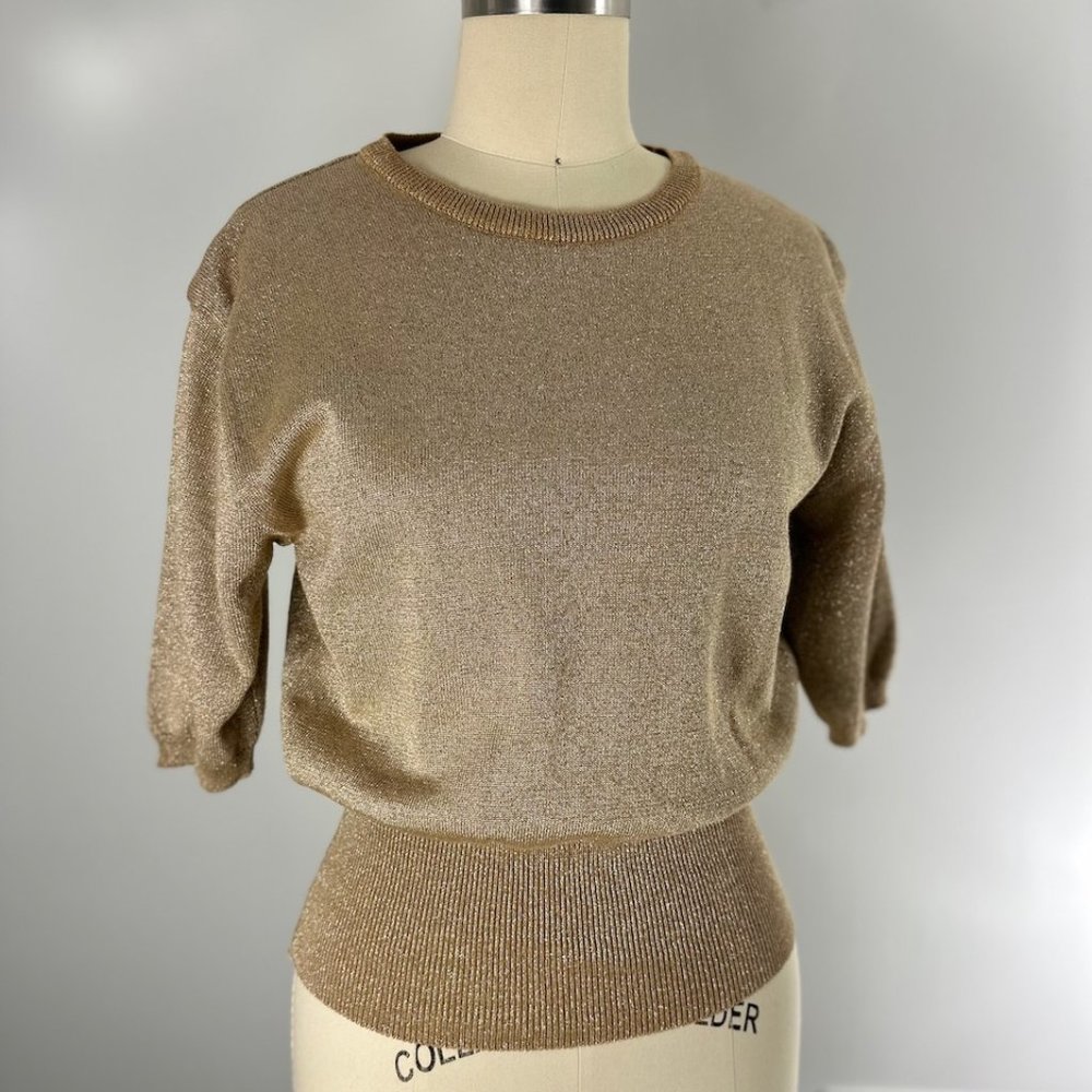 GLAM Cropped Vintage 80s Golden Shimmery Lurex Short Sleeve Pullover Sweater S/M